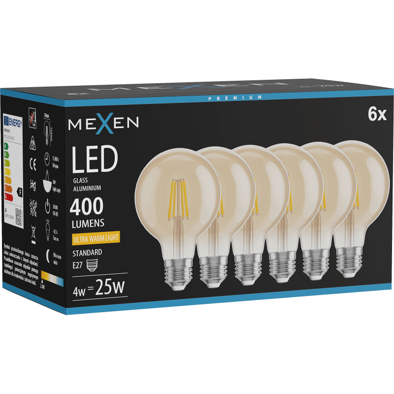 Mexen Vintis 6x LED Filament Bulb E27, G80, 4W, Warm - 2200K, 400 lm, amber - L155-E27-0422-50x06