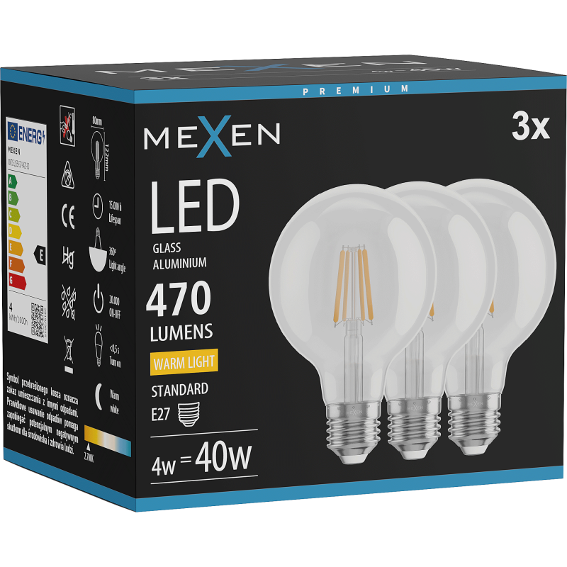 Mexen Vintis 3x LED filament bulb E27, G80, 4W, Warm - 2700K, 470 lm, clear - L155-E27-0427-00x03