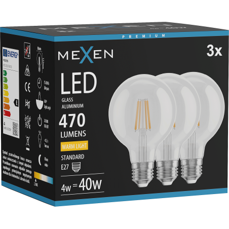 Mexen Vintis 3x LED filament bulb E27, G80, 4W, Warm - 2700K, 470 lm, clear - L155-E27-0427-00x03