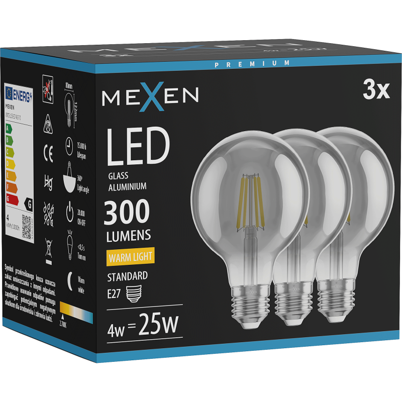 Mexen Vintis 3x Filament LED Bulb E27, G80, 4W, Warm - 2700K, 300 lm, smoke - L155-E27-0427-70x03
