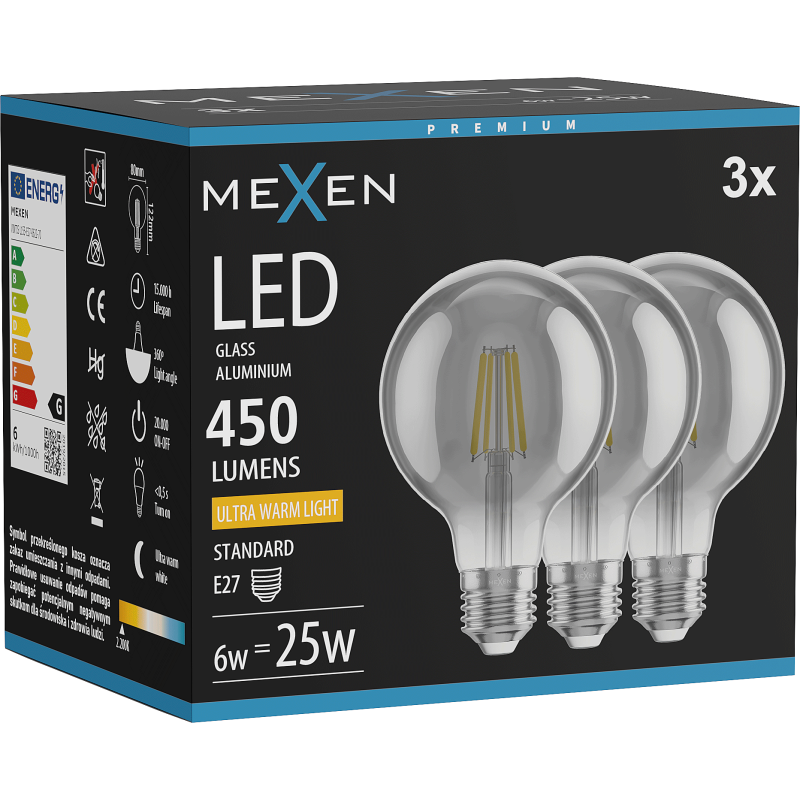 Mexen Vintis 3x LED Filament Bulb E27, G80, 6W, Warm - 2200K, 450 lm, smoke - L155-E27-0622-70x03