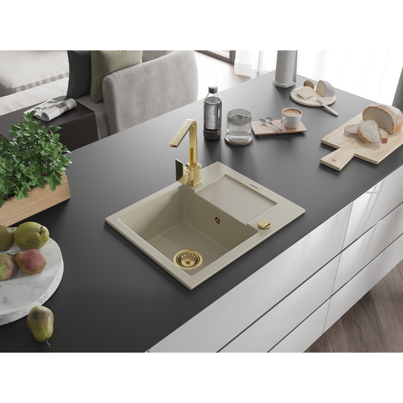 Mexen Enzo granite kitchen sink with 1-bowl, drainer, and Rita kitchen faucet, beige - 6506-69-670300-50
