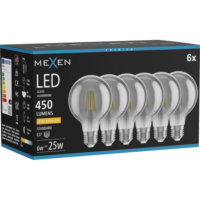 Mexen Vintis 6x LED Filament Bulb E27, G80, 6W, Warm - 2200K, 450 lm, smoke - L155-E27-0622-70x06