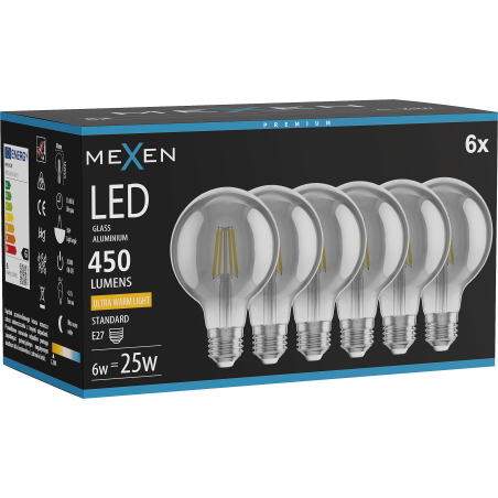 Mexen Vintis 6x LED Filament Bulb E27, G80, 6W, Warm - 2200K, 450 lm, smoke - L155-E27-0622-70x06