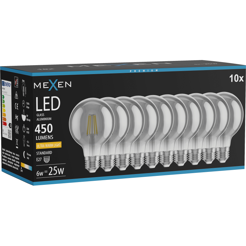 Mexen Vintis 10x Filament LED Bulb E27, G80, 6W, Warm - 2200K, 450 lm, smoke - L155-E27-0622-70x10