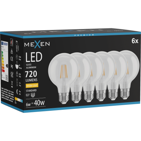 Mexen Vintis 6x LED Filament Bulb E27, G80, 6W, Warm - 2700K, 720 lm, clear - L155-E27-0627-00x06