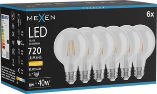 Mexen Vintis 6x LED Filament Bulb E27, G80, 6W, Warm - 2700K, 720 lm, clear - L155-E27-0627-00x06