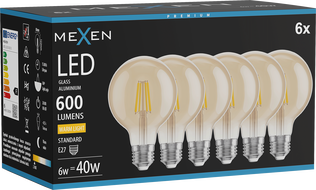 Mexen Vintis 6x LED Filament Bulb E27, G80, 6W, Warm - 2700K, 400 lm, Amber - L155-E27-0627-50x06