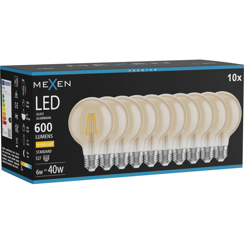 Mexen Vintis 10x LED Filament Bulb E27, G80, 6W, Warm - 2700K, 400 lm, amber - L155-E27-0627-50x10