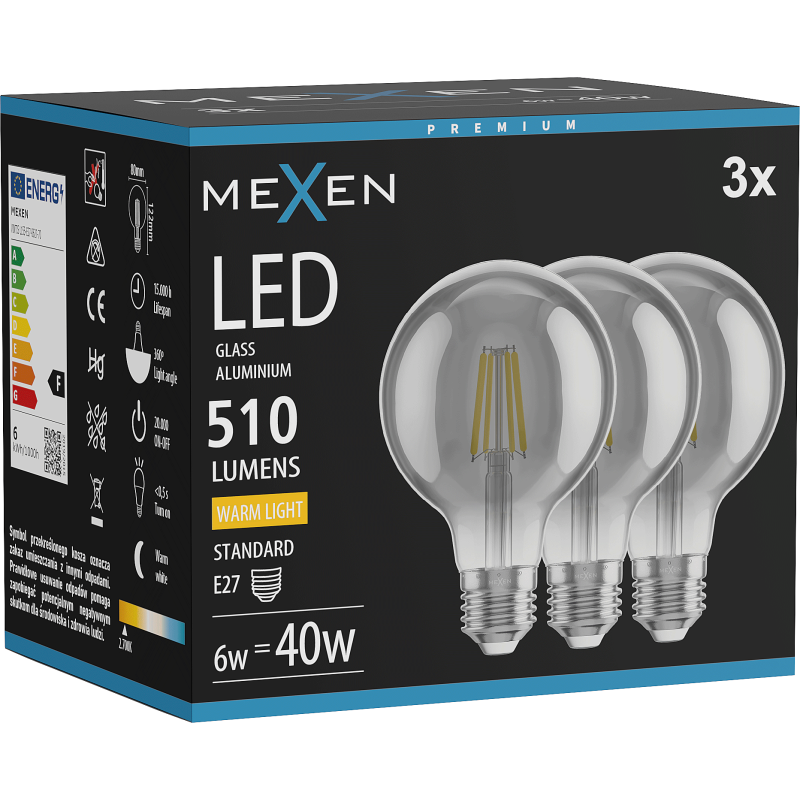 Mexen Vintis 3x LED Filament Bulb E27, G80, 6W, Warm - 2700K, 510 lm, smoke - L155-E27-0627-70x03