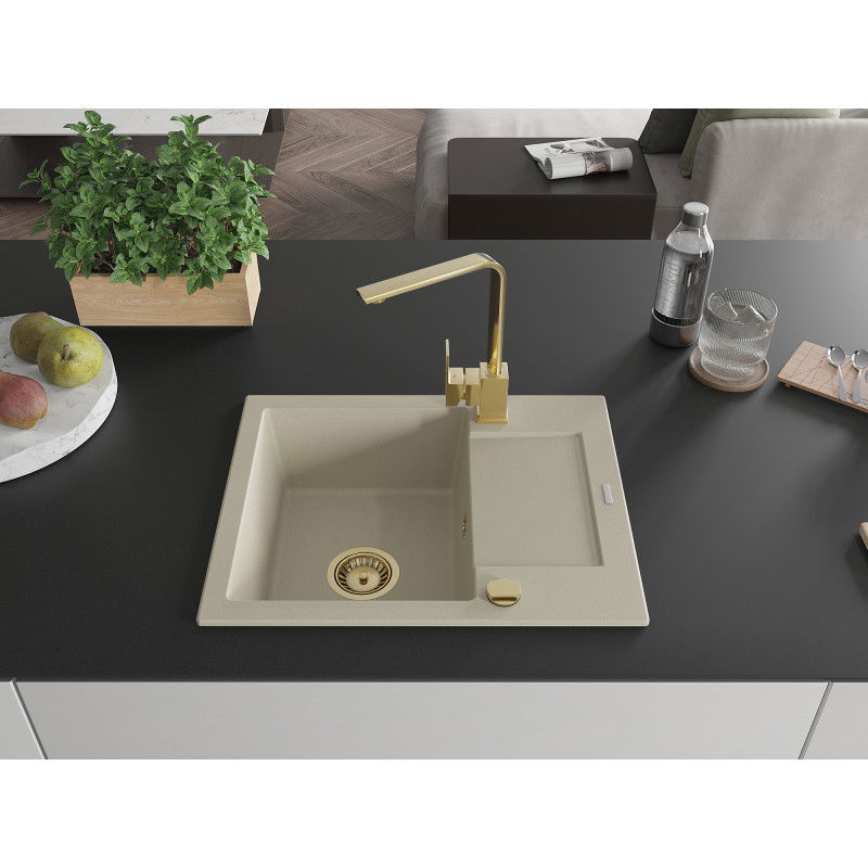 Mexen Enzo granite sink 1-bowl with drainer and kitchen tap Rita, beige - 6506-69-670300-50