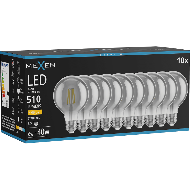 Mexen Vintis 10x LED Filament Bulb E27, G80, 6W, Warm - 2700K, 510 lm, smoke - L155-E27-0627-70x10