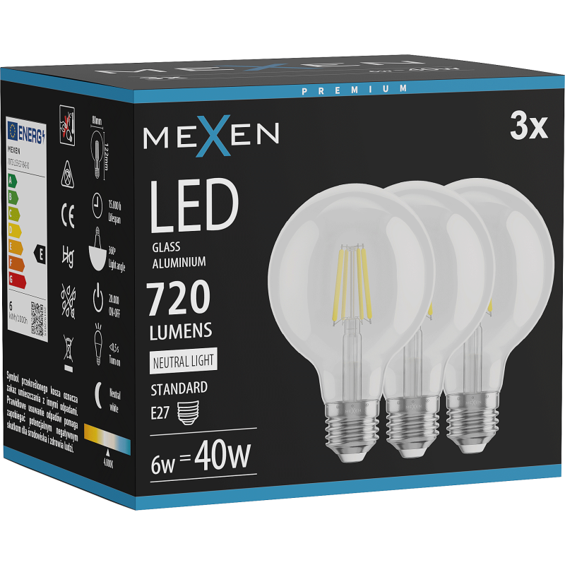 Mexen Vintis 3x LED filament bulb E27, G80, 6W, Neutral - 4000K, 720 lm, clear - L155-E27-0640-00x03