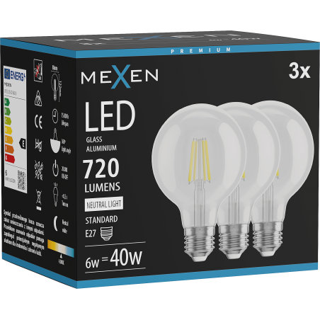 Mexen Vintis 3x LED filament bulb E27, G80, 6W, Neutral - 4000K, 720 lm, clear - L155-E27-0640-00x03