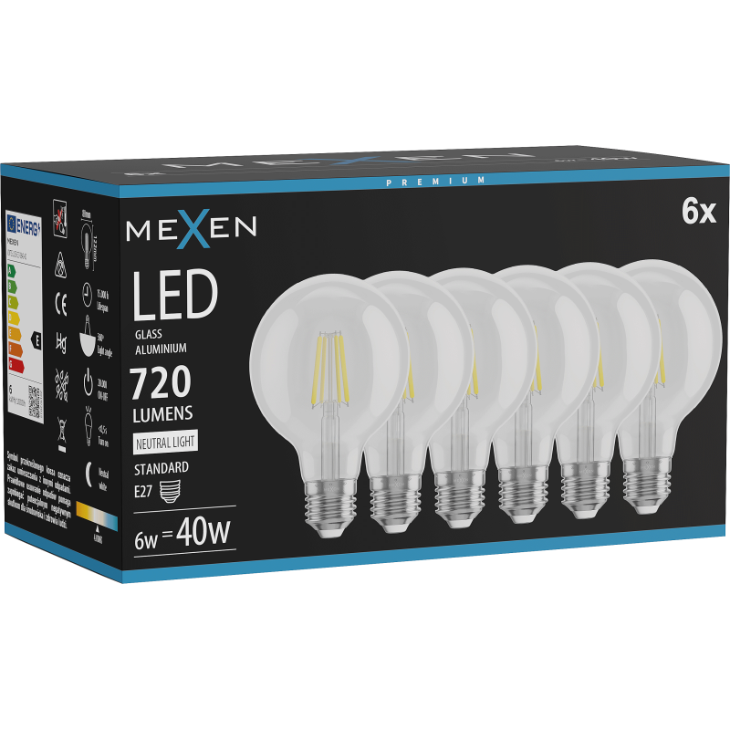 Mexen Vintis 6x LED Filament Bulb E27, G80, 6W, Neutral - 4000K, 720 lm, clear - L155-E27-0640-00x06