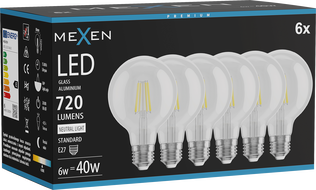 Mexen Vintis 6x LED Filament Bulb E27, G80, 6W, Neutral - 4000K, 720 lm, clear - L155-E27-0640-00x06