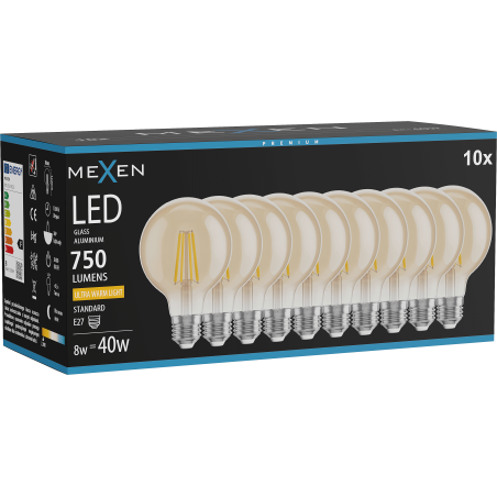 Mexen Vintis 10x Filament LED Bulb E27, G80, 8W, Warm - 2200K, 750 lm, amber - L155-E27-0822-50x10