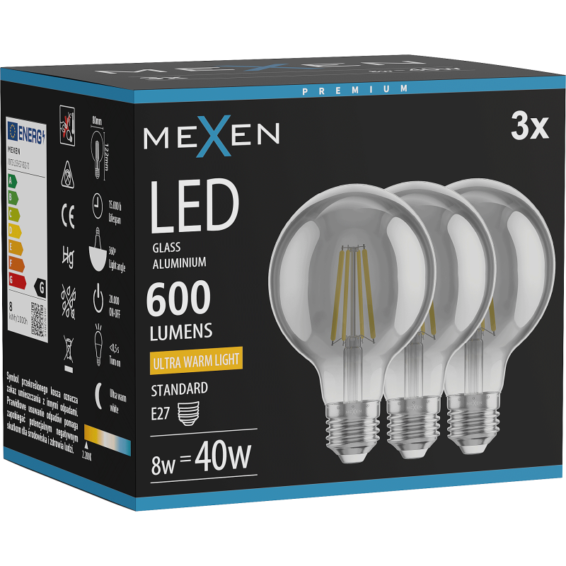 Mexen Vintis 3x LED Filament Bulb E27, G80, 8W, Warm - 2200K, 600 lm, smoke - L155-E27-0822-70x03