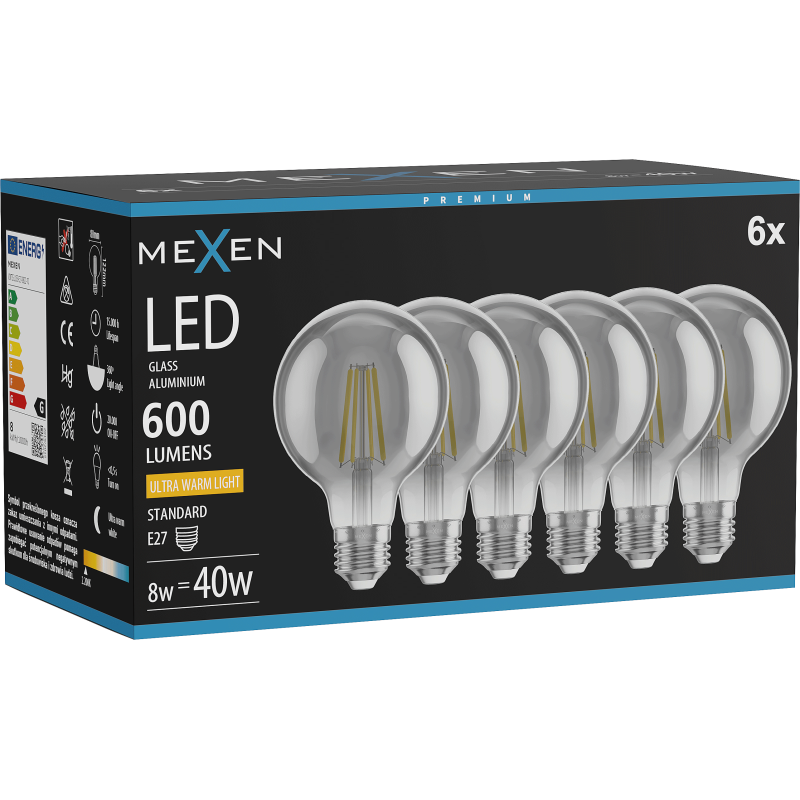 Mexen Vintis 6x LED filament bulb E27, G80, 8W, Warm - 2200K, 600 lm, smoke - L155-E27-0822-70x06