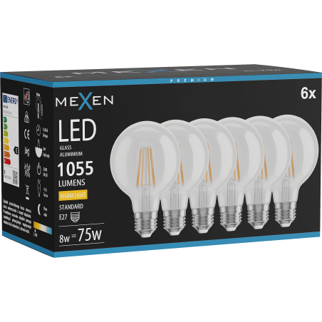 Mexen Vintis 6x LED Filament Bulb E27, G80, 8W, Warm - 2700K, 1055 lm, Clear - L155-E27-0827-00x06