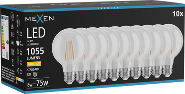 Mexen Vintis 10x LED Filament Bulb E27, G80, 8W, Warm - 2700K, 1055 lm, clear - L155-E27-0827-00x10