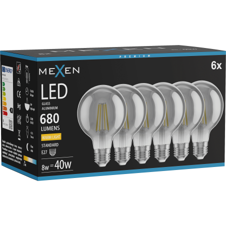 Mexen Vintis 6x Filament LED Bulb E27, G80, 8W, Warm - 2700K, 680 lm, smoke - L155-E27-0827-70x06