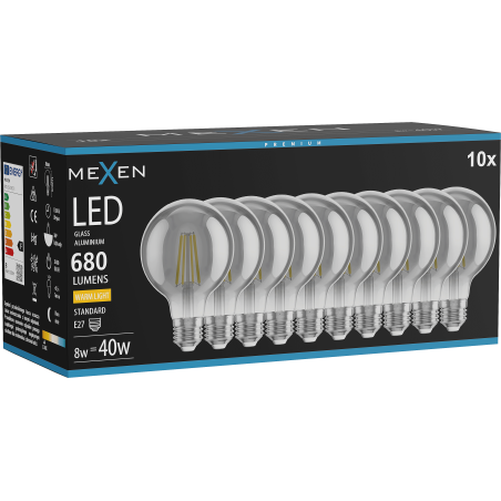Mexen Vintis 10x LED filament bulb E27, G80, 8W, Warm - 2700K, 680 lm, smoke - L155-E27-0827-70x10