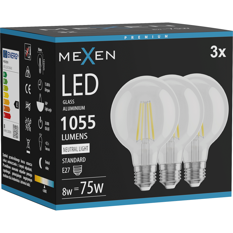 Mexen Vintis 3x Filament LED Bulb E27, G80, 8W, Neutral - 4000K, 1055 lm, clear - L155-E27-0840-00x03