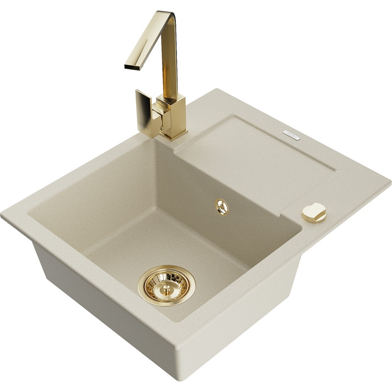 Mexen Enzo granite sink with 1-bowl, drainer and Rita kitchen faucet, beige - 6506-69-670300-50