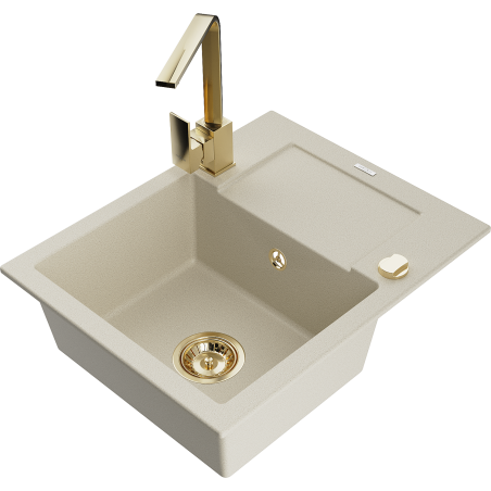 Mexen Enzo granite kitchen sink with 1-bowl, drainer, and Rita kitchen faucet, beige - 6506-69-670300-50