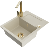 Mexen Enzo granite kitchen sink with 1-bowl, drainer, and Rita kitchen faucet, beige - 6506-69-670300-50
