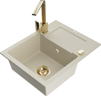 Mexen Enzo granite kitchen sink with 1-bowl, drainer, and Rita kitchen faucet, beige - 6506-69-670300-50