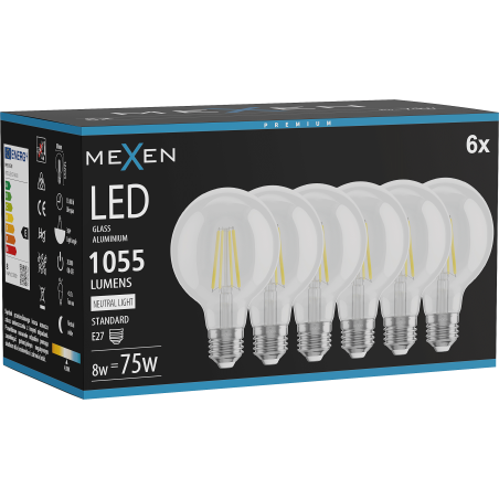 Mexen Vintis 6x LED Filament Bulb E27, G80, 8W, Neutral - 4000K, 1055 lm, clear - L155-E27-0840-00x06