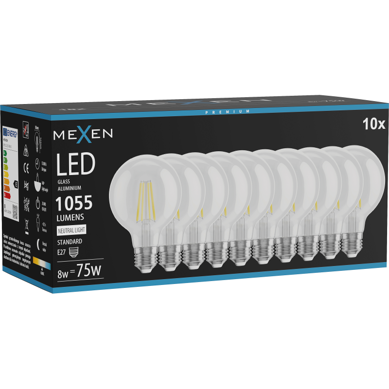 Mexen Vintis 10x Filament LED Bulb E27, G80, 8W, Neutral - 4000K, 1055 lm, clear - L155-E27-0840-00x10