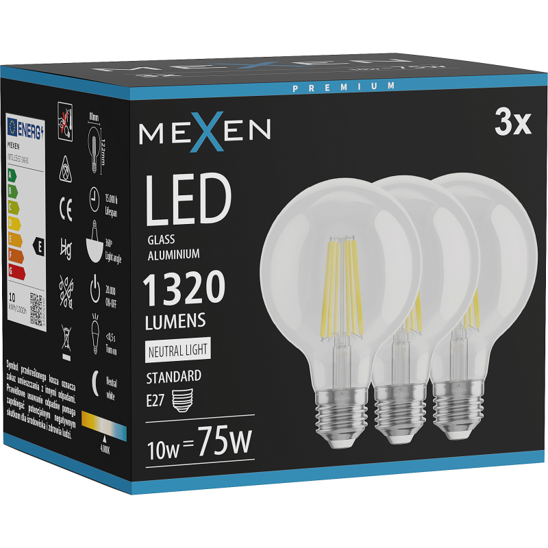 Mexen Vintis 3x Filament LED Bulb E27, G80, 10W, Neutral - 4000K, 1320 lm, clear - L155-E27-1040-00x03