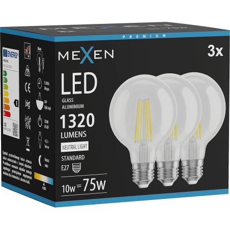 Mexen Vintis 3x Filament LED Bulb E27, G80, 10W, Neutral - 4000K, 1320 lm, clear - L155-E27-1040-00x03
