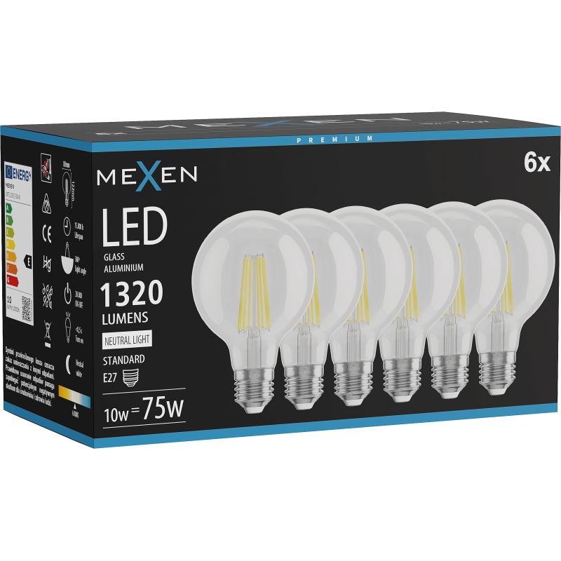 Mexen Vintis 6x LED filament bulb E27, G80, 10W, Neutral - 4000K, 1320 lm, clear - L155-E27-1040-00x06