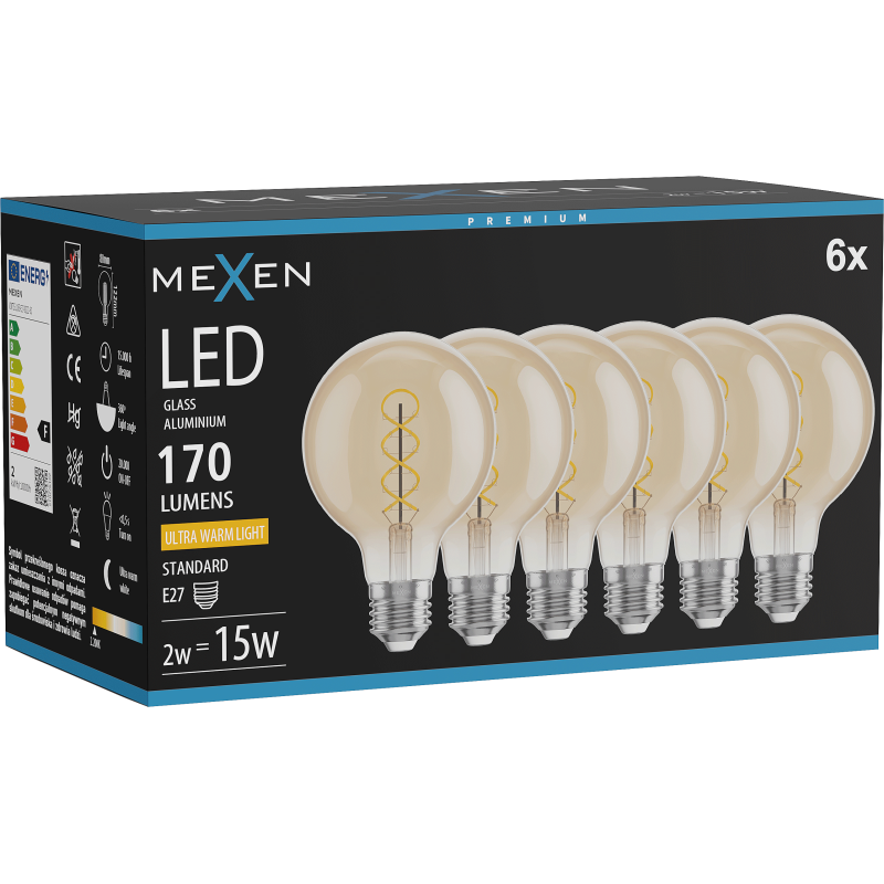 Mexen Vintis 6x Filament Spiral Bulb LED E27, G80, 2W, Warm - 2200K, 170 lm, amber - L165-E27-0222-50x06