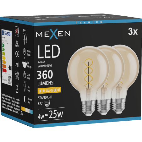 Mexen Vintis 3x LED Filament Spiral Bulb E27, G80, 4W, Warm - 2200K, 360 lm, amber - L165-E27-0422-50x03