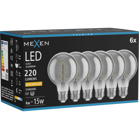 Mexen Vintis 6x LED Filament Bulb Spiral E27, G80, 4W, Warm - 2200K, 220 lm, Smoke - L165-E27-0422-70x06