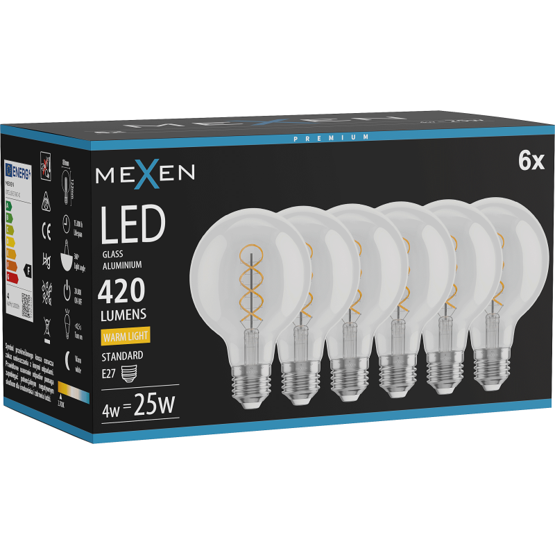 Mexen Vintis 6x Filament Spiral LED Bulb E27, G80, 4W, Warm - 2700K, 420 lm, clear - L165-E27-0427-00x06
