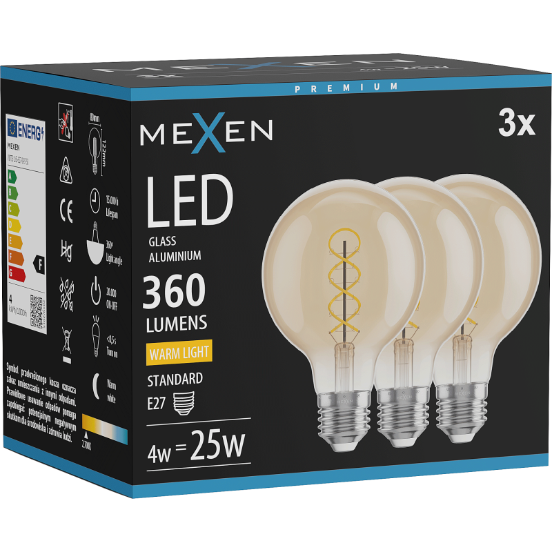 Mexen Vintis 3x LED Filament Bulb Spiral E27, G80, 4W, Warm - 2700K, 360 lm, amber - L165-E27-0427-50x03