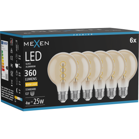 Mexen Vintis 6x Filament Spiral LED Bulb E27, G80, 4W, Warm - 2700K, 360 lm, amber - L165-E27-0427-50x06