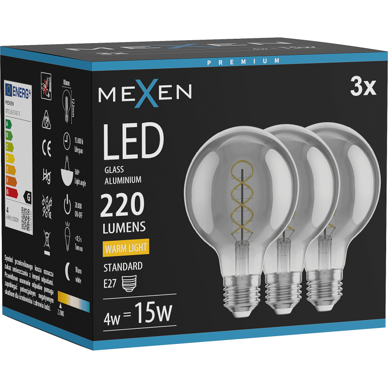 Mexen Vintis 3x Filament Spiral LED Bulb E27, G80, 4W, Warm - 2700K, 220 lm, smoke - L165-E27-0427-70x03