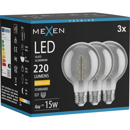 Mexen Vintis 3x Filament Spiral LED Bulb E27, G80, 4W, Warm - 2700K, 220 lm, smoke - L165-E27-0427-70x03