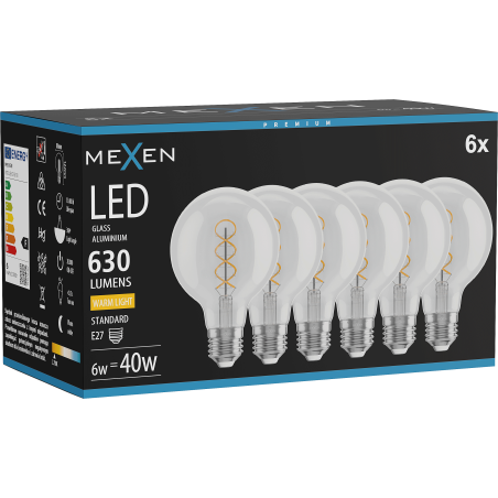 Mexen Vintis 6x LED Filament Spiral Bulb E27, G80, 6W, Warm - 2700K, 630 lm, clear - L165-E27-0627-00x06