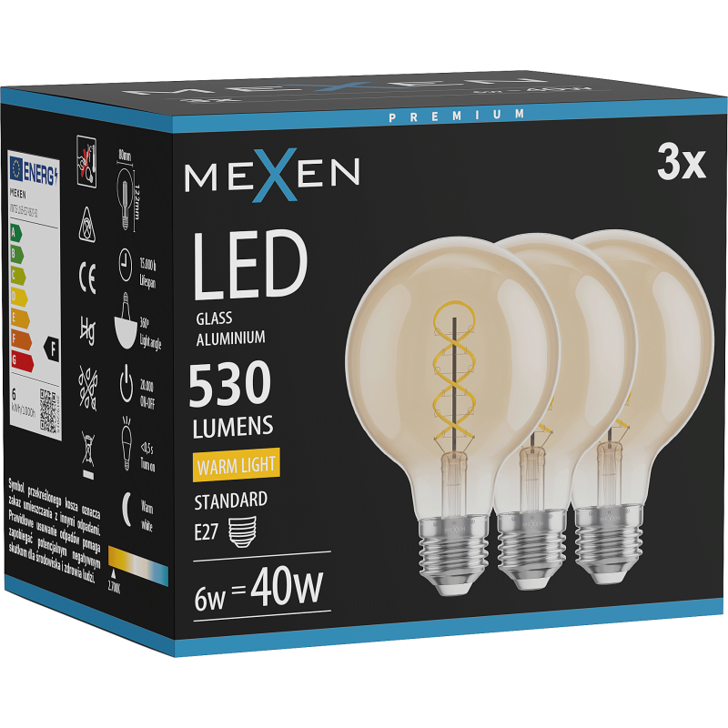 Mexen Vintis 3x LED Filament Spiral Bulb E27, G80, 6W, Warm - 2700K, 530 lm, amber - L165-E27-0627-50x03