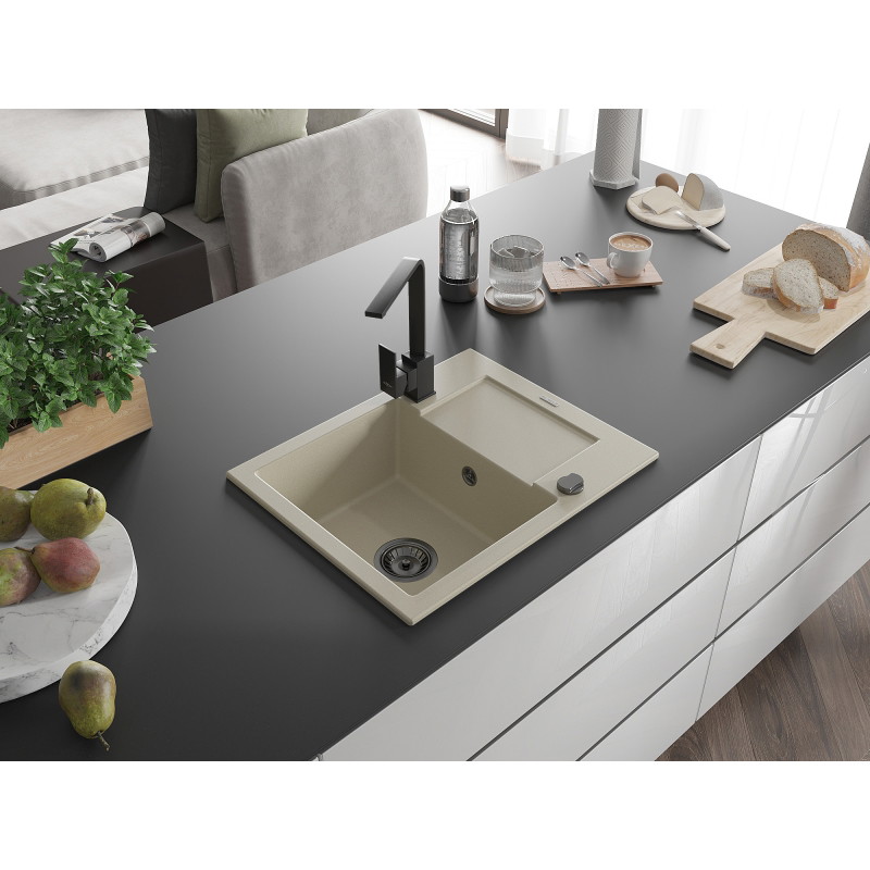 Mexen Enzo single-bowl granite sink with drainer and kitchen faucet Rita, beige - 6506-69-670300-70
