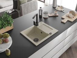 Mexen Enzo 1-compartment granite sink with a drip tray and kitchen mixer tap Rita, Beige - 6506-69-670300-70