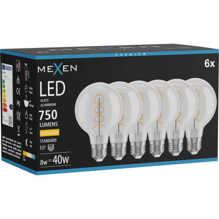 Mexen Vintis 6x LED Filament Spiral Bulb E27, G80, 8W, Warm - 2700K, 750 lm, Clear - L165-E27-0827-00x06